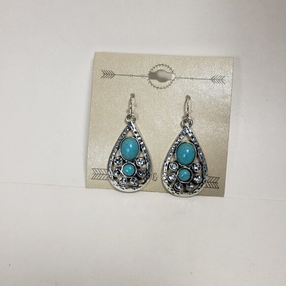 Water Drop Shape Hammered Silver-tone Turquoise Stone, Crystal Teardrop Earrings - Picture 6 of 8